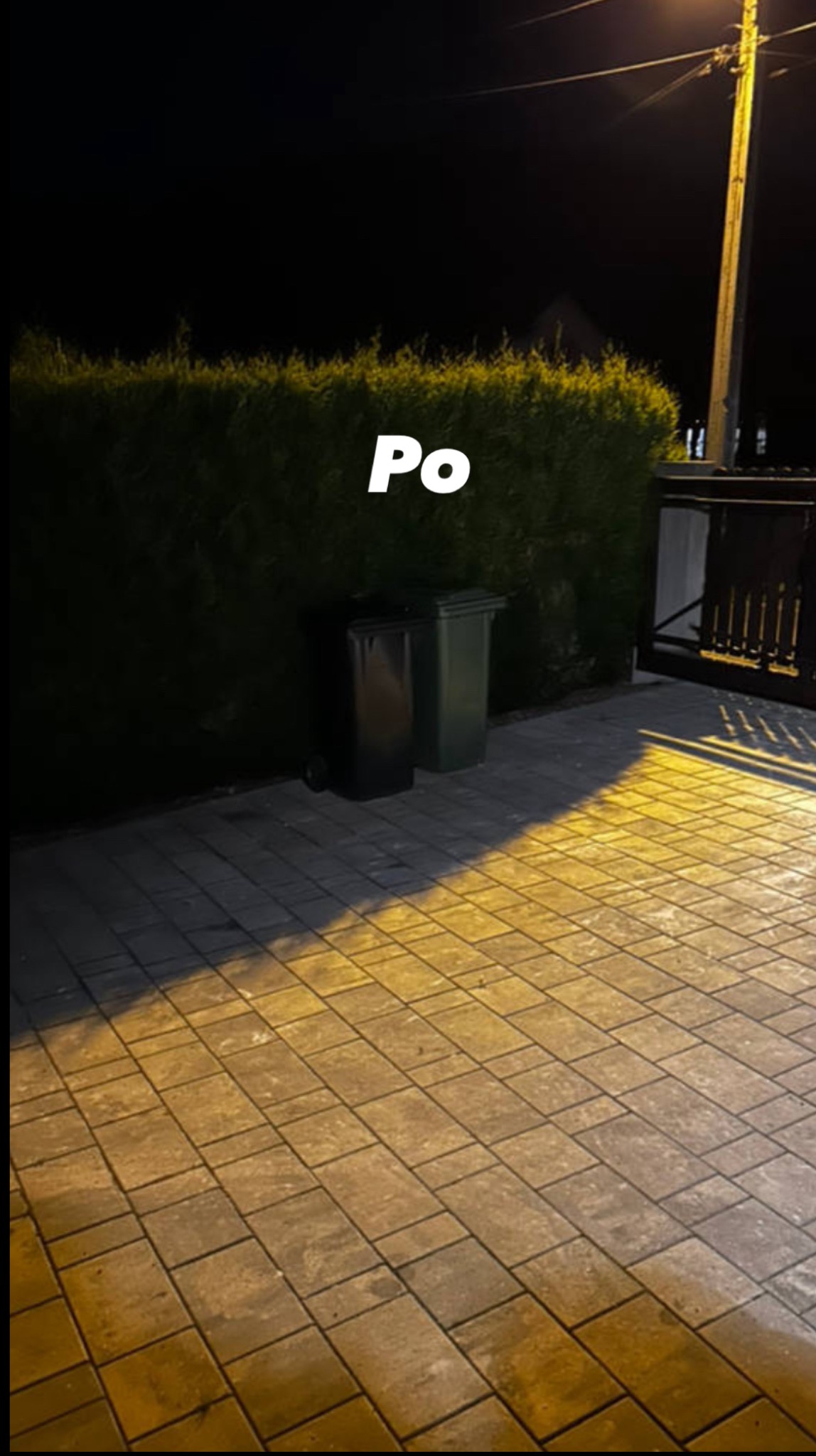 Dwa puste pojemniki na śmieci stojące na brukowanym podjeździe w nocy, oświetlone światłem latarni. Widoczny żywopłot i brama w tle. Napis 'Po'.