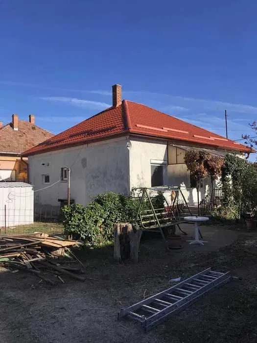 Dom z czerwonym dachem w słoneczny dzień. Widoczne rynny, komin i drabina oparta o ścianę. Tło: błękitne niebo i zieleń ogrodu.