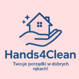 Grafika: logo firmy sprzątającej Hands4Clean. Stylizowana dłoń podtrzymuje dom z gwiazdkami. Napis: Twoje porządki w dobrych rękach!