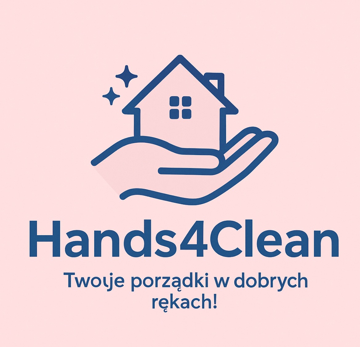 Grafika: logo firmy sprzątającej Hands4Clean. Stylizowana dłoń podtrzymuje dom z gwiazdkami. Napis: Twoje porządki w dobrych rękach!