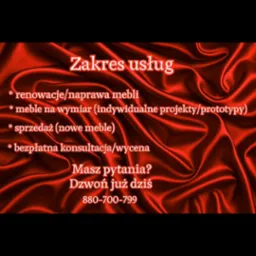 Zakres usług tapicerskich: renowacja, meble na wymiar, sprzedaż nowych mebli, bezpłatna konsultacja. Numer telefonu na czerwonym, satynowym tle.