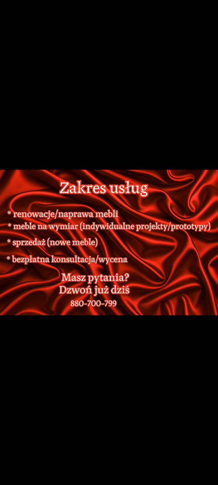 Zakres usług tapicerskich: renowacja, meble na wymiar, sprzedaż nowych mebli, bezpłatna konsultacja. Numer telefonu na czerwonym, satynowym tle.