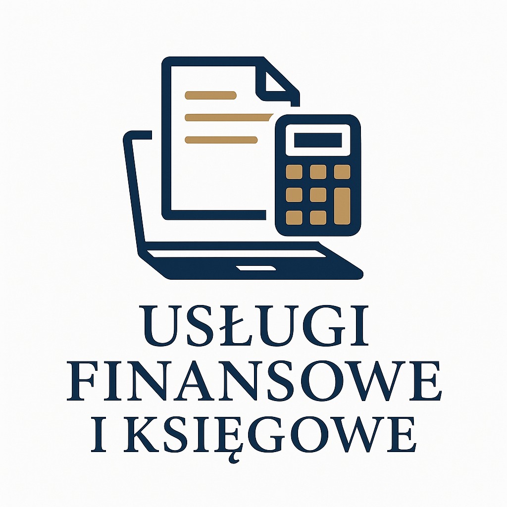 Usługi finansowe i księgowe w Krakowie: grafika z laptopem, dokumentem i kalkulatorem w odcieniach granatu i złota na białym tle.