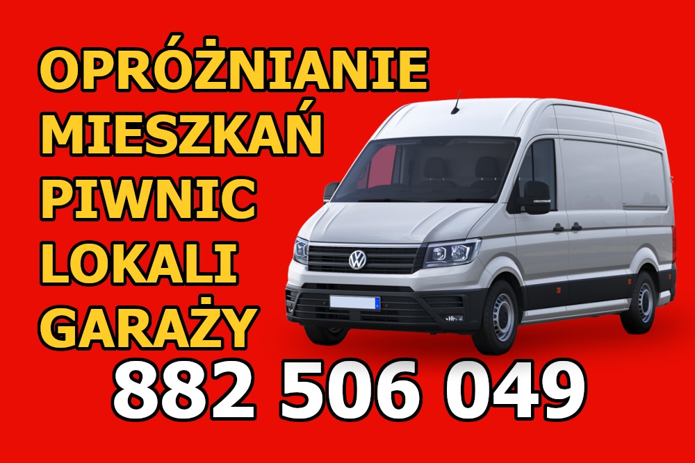 Jasnoszary van na czerwonym tle z tekstem 'Opróżnianie mieszkań, piwnic, lokali, garaży' i numerem telefonu. Grafika reklamowa.