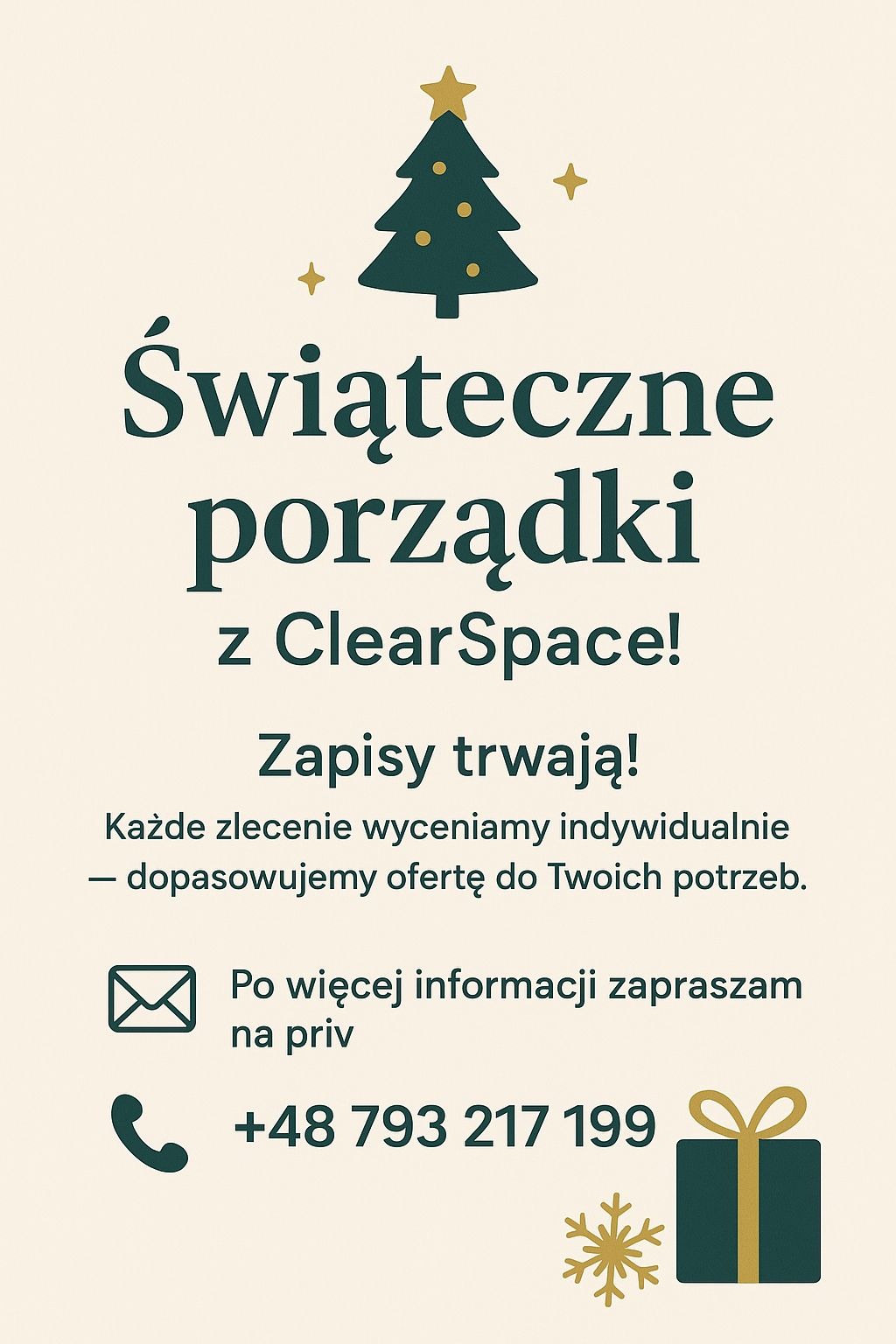 Grafika reklamowa: Świąteczne porządki z ClearSpace! Zapisy trwają. Kontakt: +48 793 217 199. Stylizowana choinka, prezent i płatek śniegu.