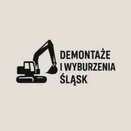 Czarny piktogram koparki obok napisu 'Demontaże i wyburzenia Śląsk' na beżowym tle. Grafika reklamowa.