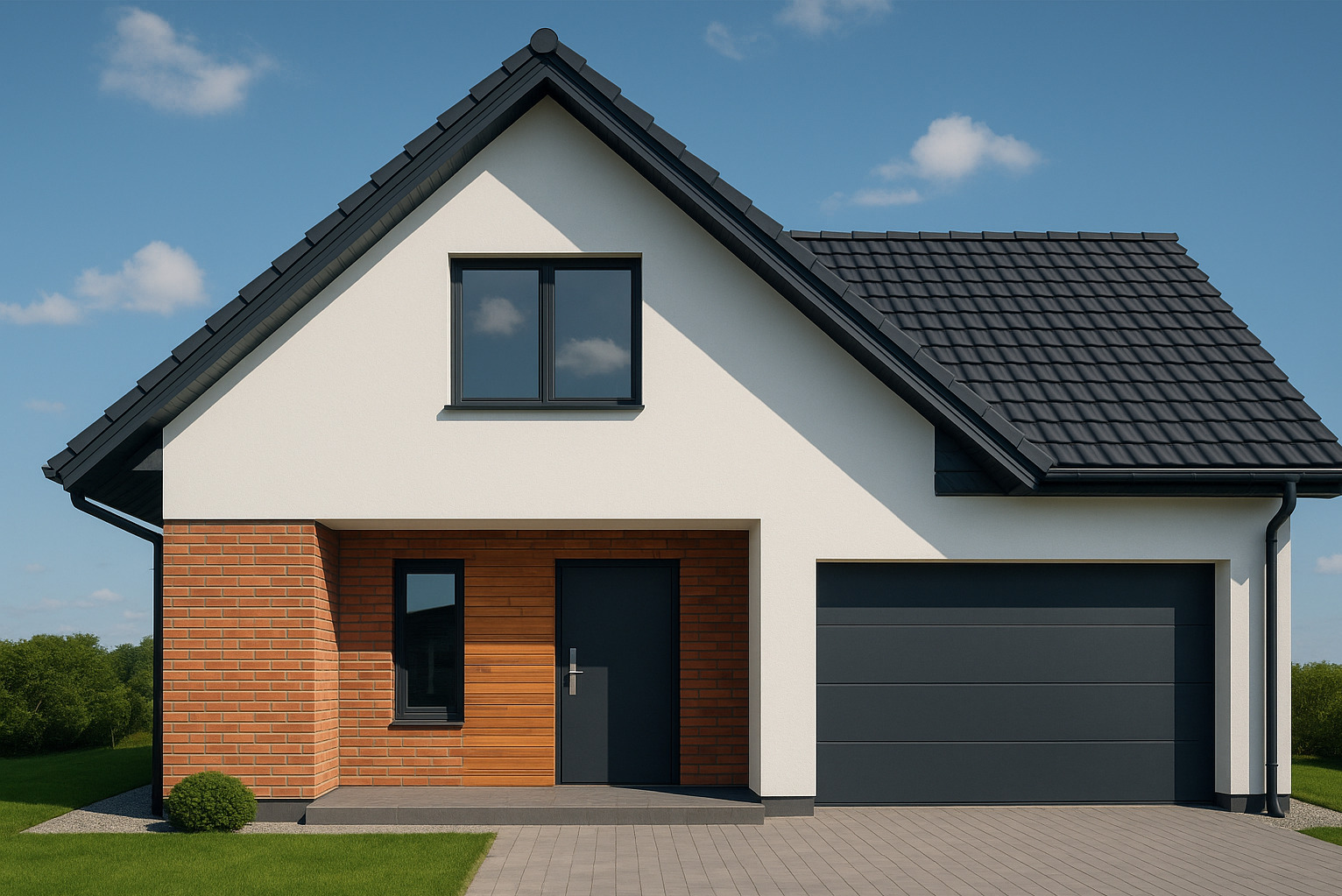 Dwukondygnacyjny dom z garażem. Biała elewacja górnej części kontrastuje z ceglaną i drewnianą dolną. Ciemna dachówka i okna. Błękitne niebo w tle.
