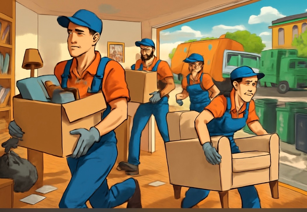 Ilustracja przedstawia zespół w niebieskich kombinezonach przenoszący kartony i fotel. W tle pomarańczowa śmieciarka i budynki. Dynamiczna kompozycja, żywe kolory.