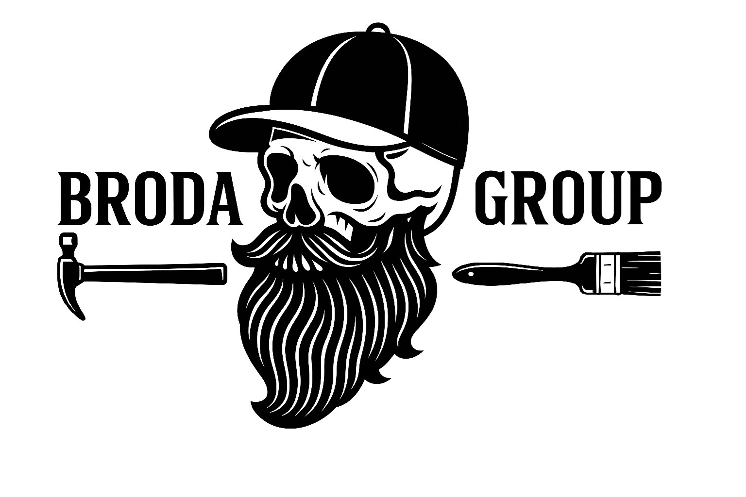 Czarno-białe logo firmy remontowej: czaszka w czapce z brodą z młotkiem i pędzlem, napis 'BRODA GROUP'. Grafika wektorowa na białym tle.