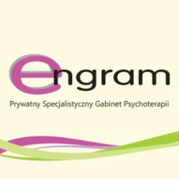 Logo gabinetu psychoterapii 'Engram' z fioletowo-szarym symbolem i napisem. Pod spodem nazwa: Prywatny Specjalistyczny Gabinet Psychoterapii. Kremowe tło z dekoracyjnymi paskami.