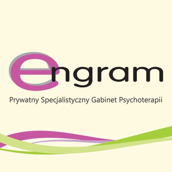 Logo gabinetu psychoterapii 'Engram' z fioletowo-szarym symbolem i napisem. Pod spodem nazwa: Prywatny Specjalistyczny Gabinet Psychoterapii. Kremowe tło z dekoracyjnymi paskami.