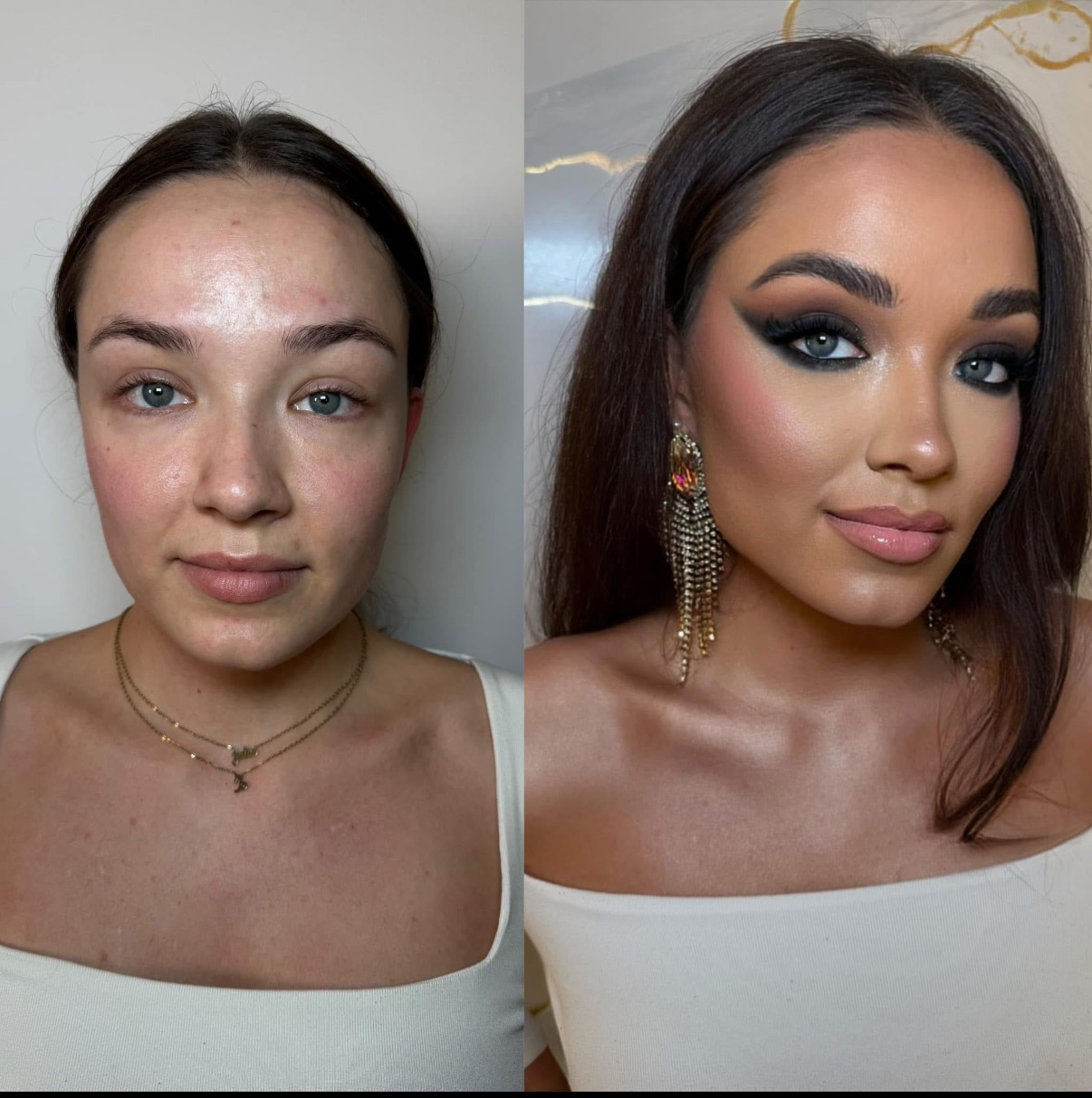 Zdjęcie 'przed i po' prezentujące transformację kobiety: naturalna cera kontra profesjonalny, wieczorowy wygląd z wyrazistym makijażem oka i błyszczącymi kolczykami.