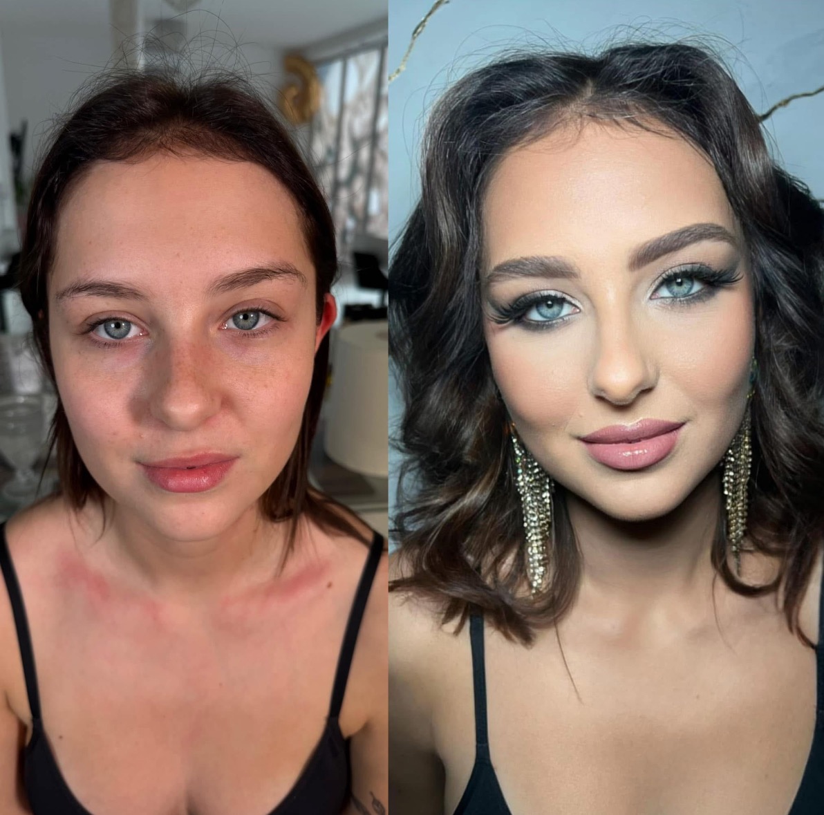 Portret kobiety przed i po profesjonalnym upiększeniu: wyraziste oko, pełne usta, eleganckie kolczyki, ciemne, pofalowane włosy. Widoczna różnica w wyglądzie.