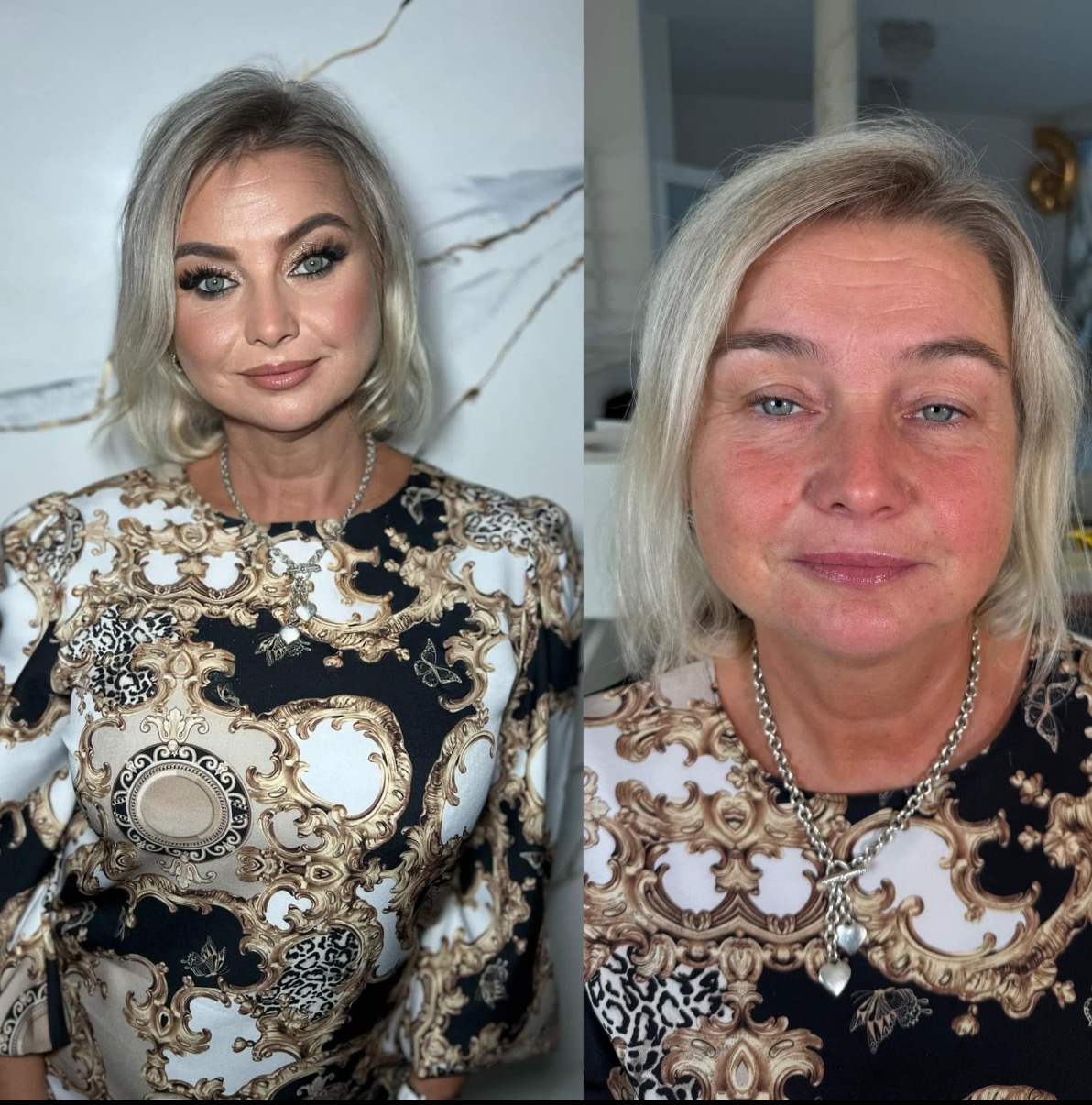 Portret kobiety przed i po makijażu. Po lewej: pełny makijaż z podkreślonym okiem. Po prawej: twarz bez makijażu, widoczne zmarszczki i naturalny odcień skóry.