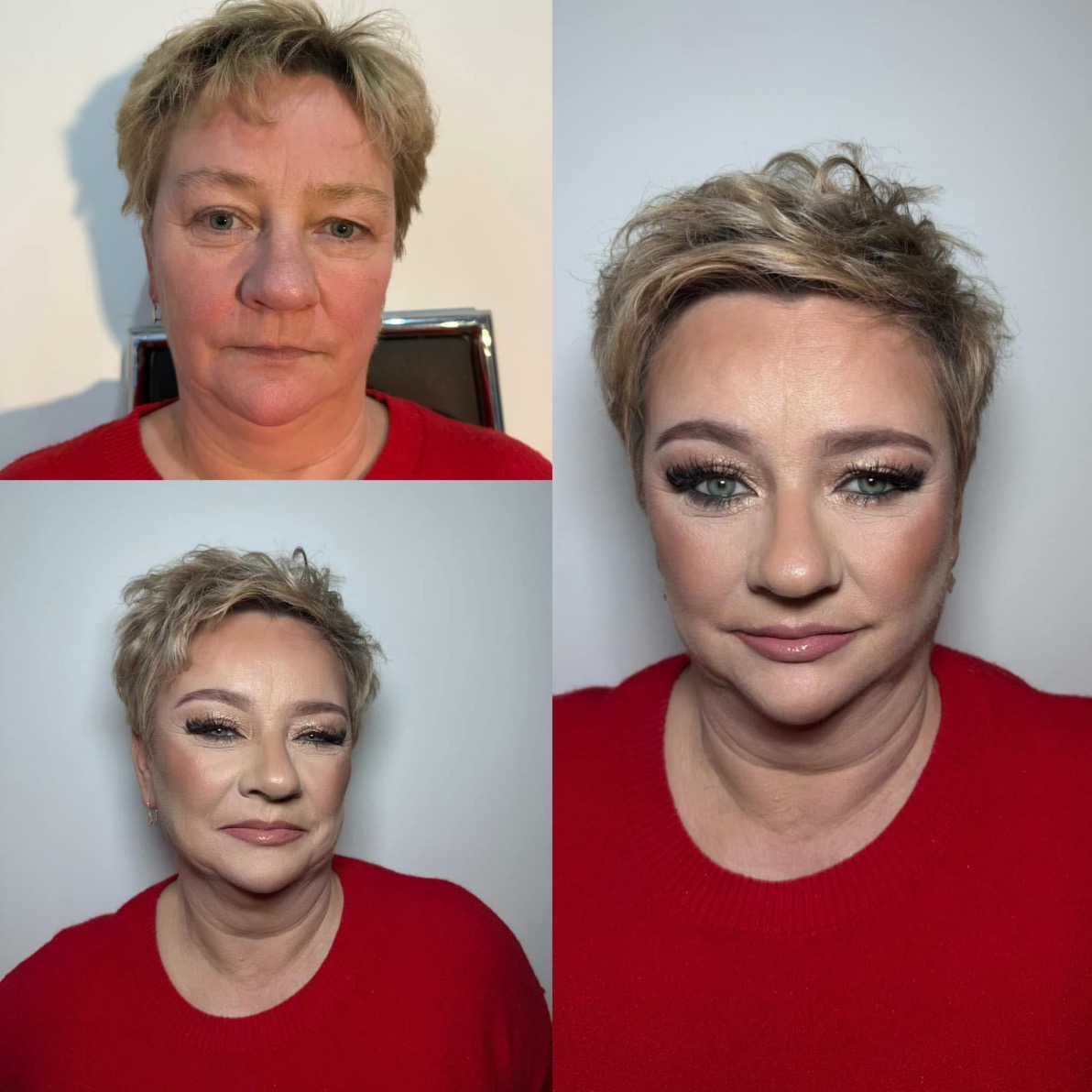 Portret kobiety przed i po metamorfozie: świeża cera bez makijażu kontra pełny makijaż z podkreślonymi oczami i ustami, w czerwonej bluzce na białym tle.