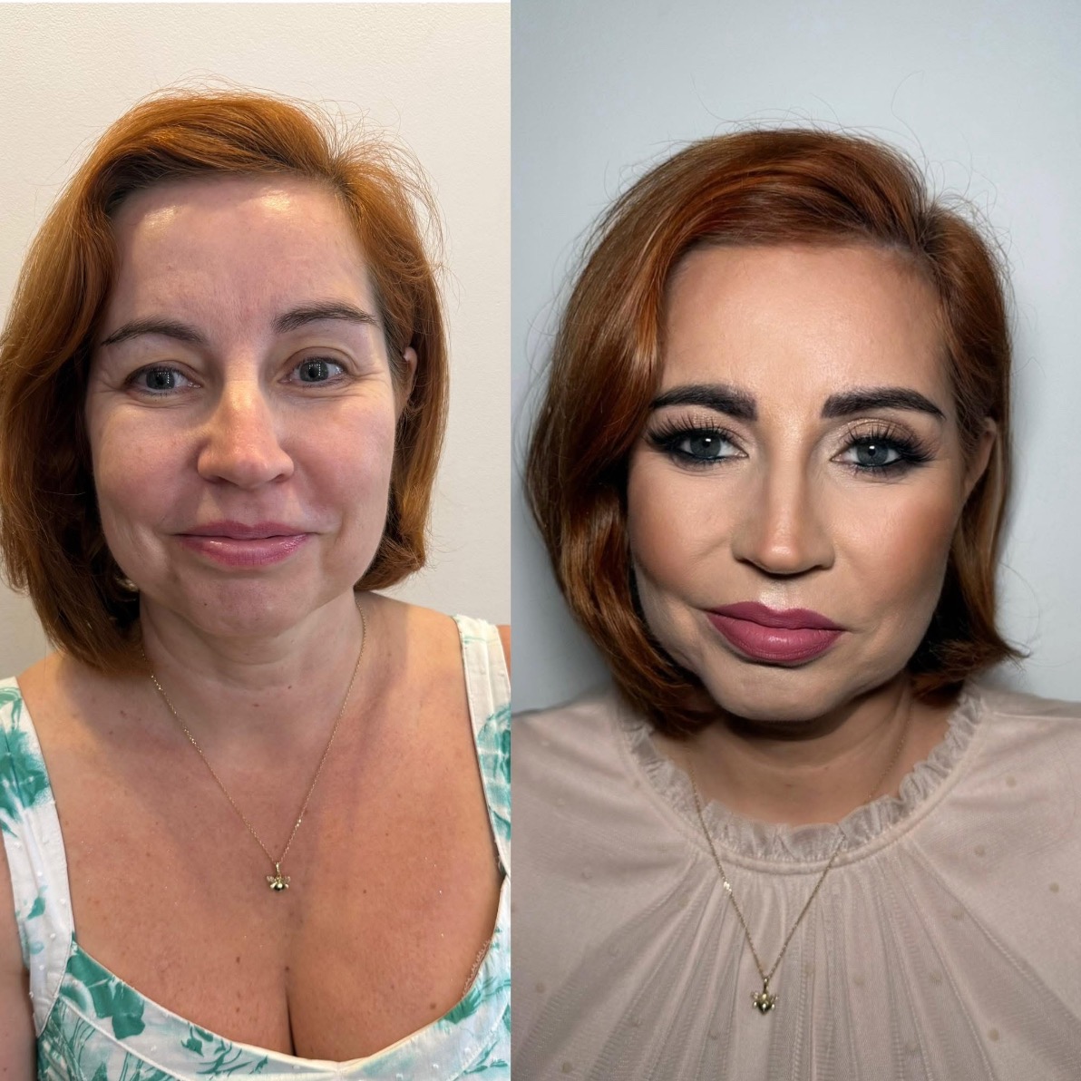 Portret kobiety przed i po metamorfozie: wyrazisty makijaż, podkreślone oczy i usta, zmiana fryzury, ciepłe odcienie włosów, złoty naszyjnik z zawieszką.