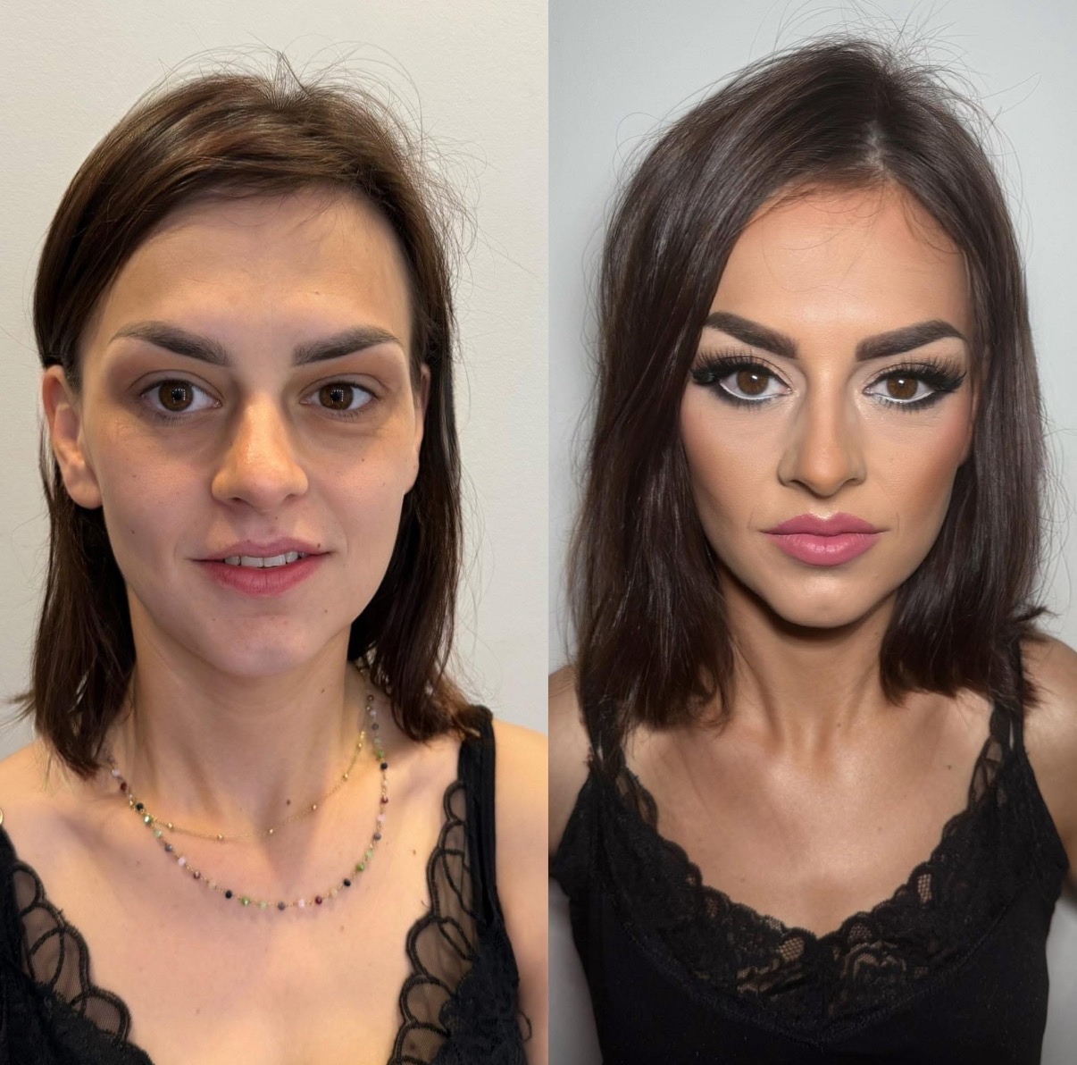 Portret kobiety przed i po metamorfozie: intensywny makijaż oczu, pełne usta, wyrównana cera. Widoczne zmiany w konturowaniu i stylizacji brwi.
