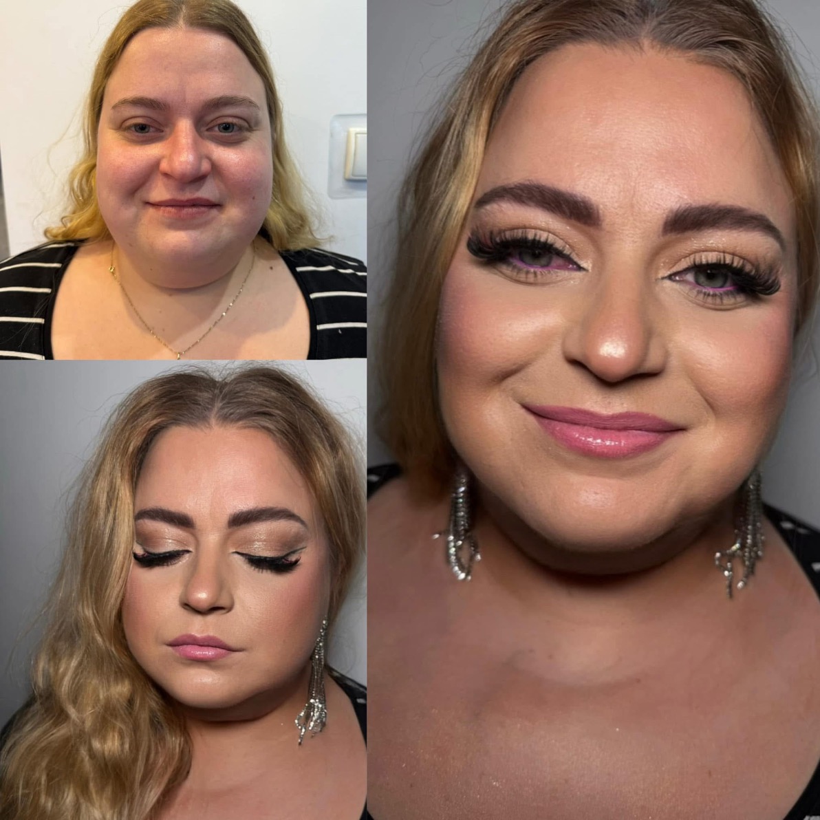 Kolaż: metamorfoza twarzy kobiety przed i po profesjonalnym upiększeniu, z subtelnym makijażem oczu i ust, oraz srebrnymi kolczykami.