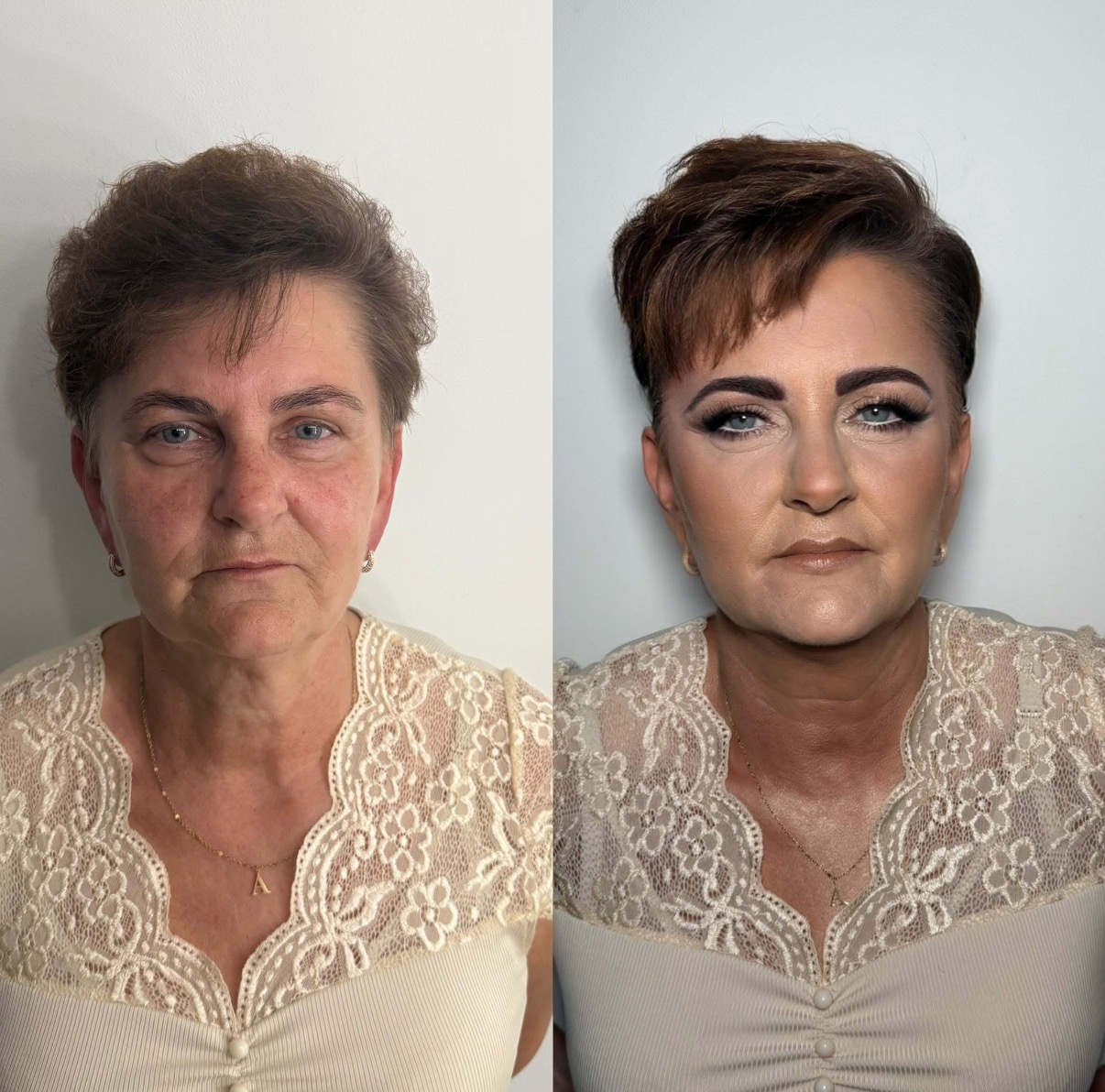 Kobieta przed i po metamorfozie: widoczna zmiana w makijażu oczu, brwi, konturowaniu twarzy i fryzurze. Ujęcie w bliskim planie na białym tle.