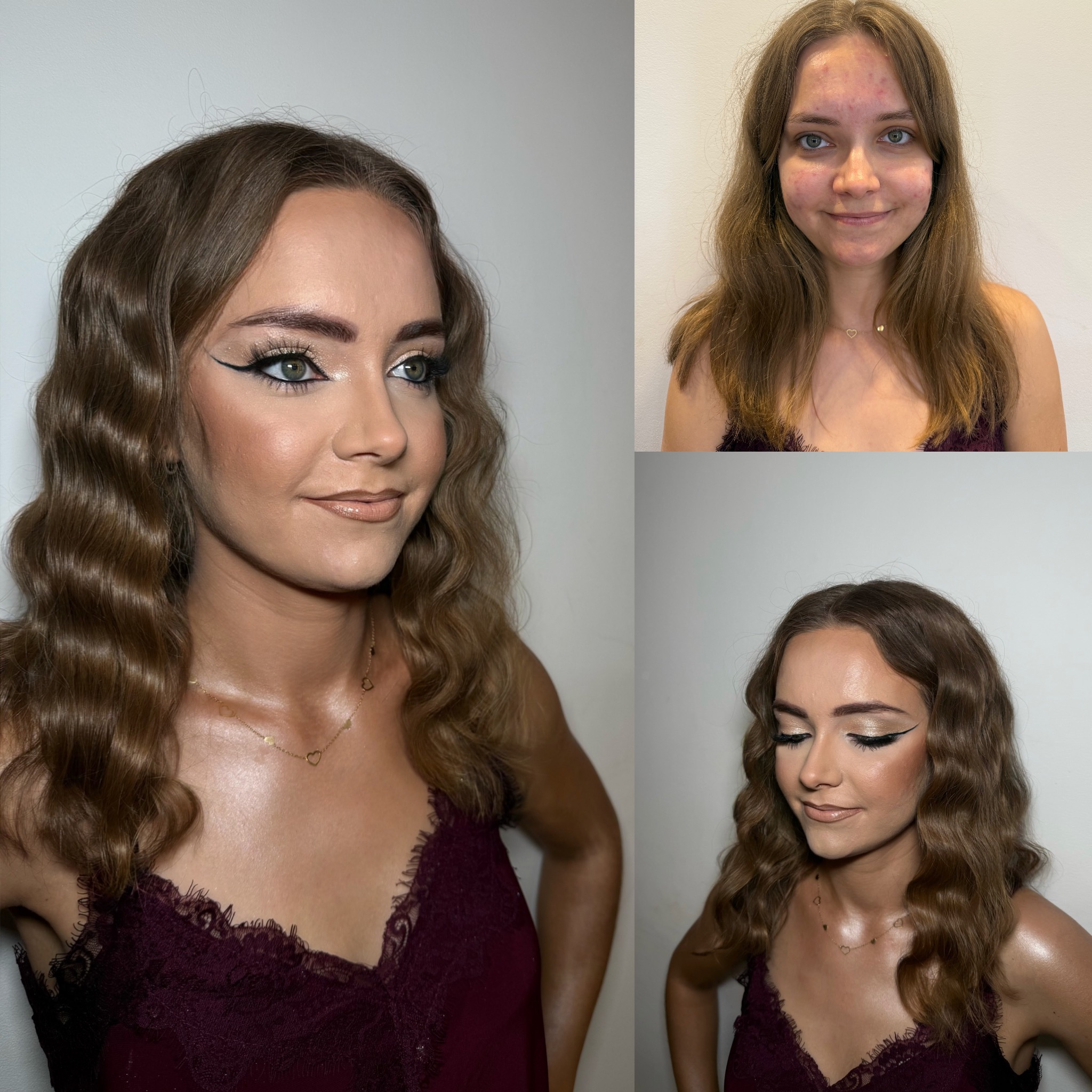 Efektowna przemiana: zestawienie przed i po. Po lewej: wyrazisty makijaż z kreską i błyszczącym cieniem. Dół: delikatniejszy wariant. Góra po prawej: naturalna cera.