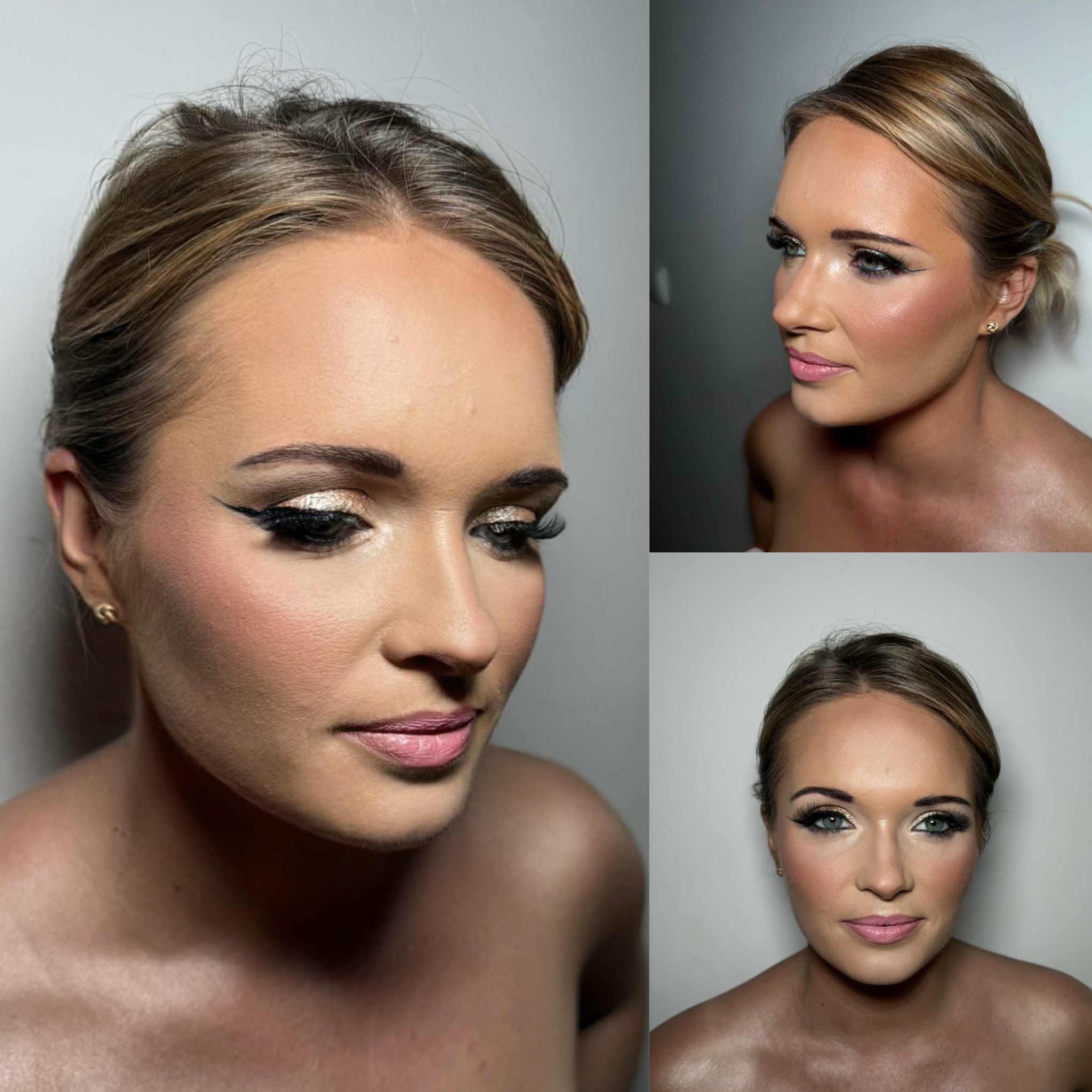 Kolaż portretowy kobiety z profesjonalnym, wieczorowym wizażem: złote cienie, czarny eyeliner, róż na policzkach i błyszczące usta. Upięte blond włosy.