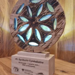 Drewniana nagroda z wygrawerowanym wzorem kwiatowym i datą wydarzenia, stojąca na drewnianej podstawie z napisem '43. Spotkania Cymbalistów'.