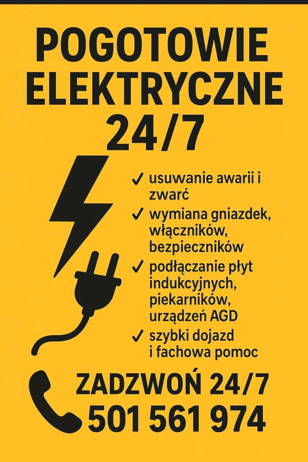 Żółty plakat Pogotowia Elektrycznego 24/7 z ikonami: błyskawica, wtyczka, telefon. Oferuje usuwanie awarii, wymianę gniazdek i podłączanie AGD. Numer telefonu.