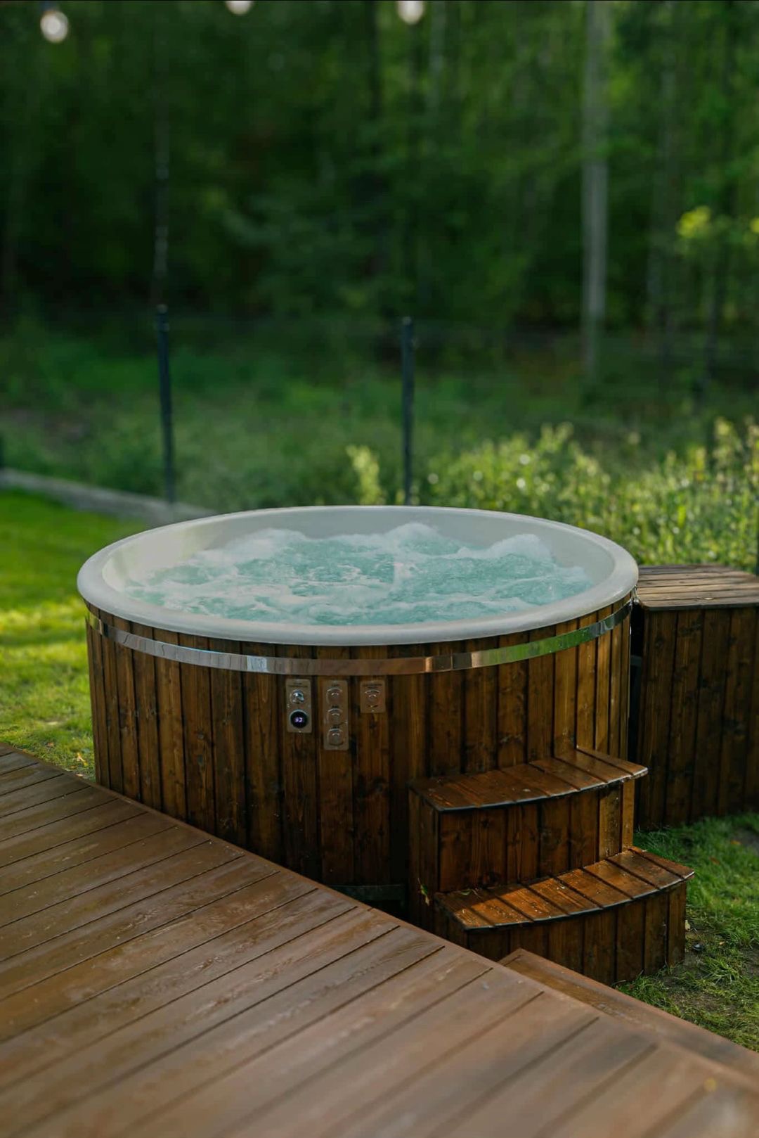 Drewniana sauna beczka z hydromasażem na zielonym trawniku, z drewnianym podestem i schodkami. W tle las i delikatne oświetlenie.