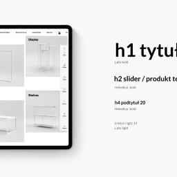 Sweetlava.eu - Ekran tabletu prezentuje interfejs sklepu internetowego Novu z minimalistycznym designem, oferującego meble i wyposażenie, z widocznymi sekcjami: Rails, Display, Tables, Shelves.