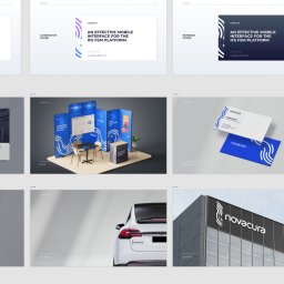 Sweetlava.eu - Kolaż prezentujący elementy identyfikacji wizualnej marki Novacura: okładki, folder, stoisko, wizytówki, artykuły piśmiennicze, zawieszki, naklejka na auto, szyld i tabliczka.