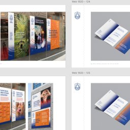 Sweetlava.eu - Przykładowe plakaty i afisze reklamowe w witrynie sklepowej, prezentujące identyfikację wizualną miasta. Grafika w kolorach niebieskim i pomarańczowym z logo miasta.