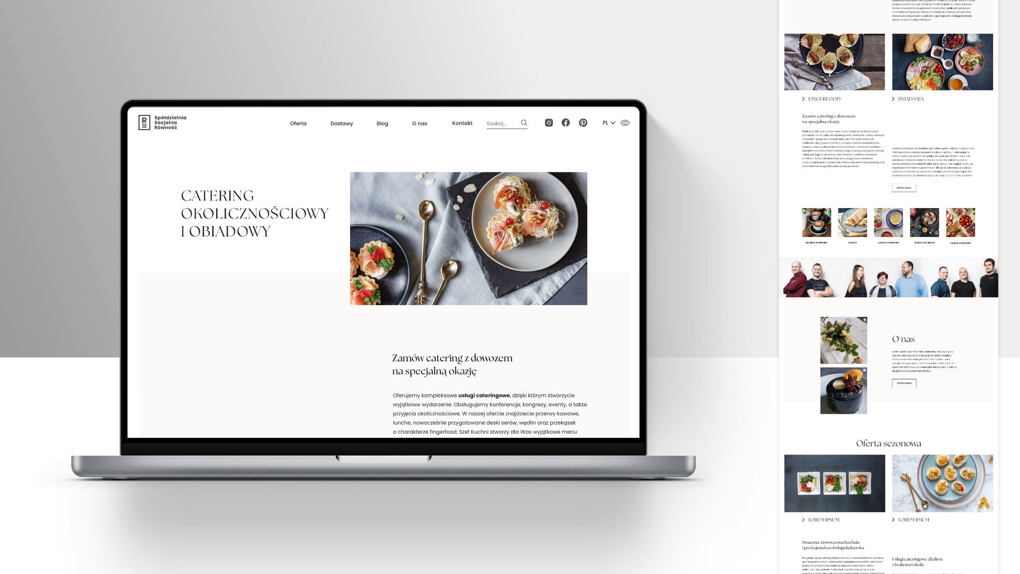 Laptop wyświetla stronę internetową z ofertą cateringową: fingerfood, śniadania, catering okolicznościowy i obiadowy. Elegancki design strony, fotografie potraw.