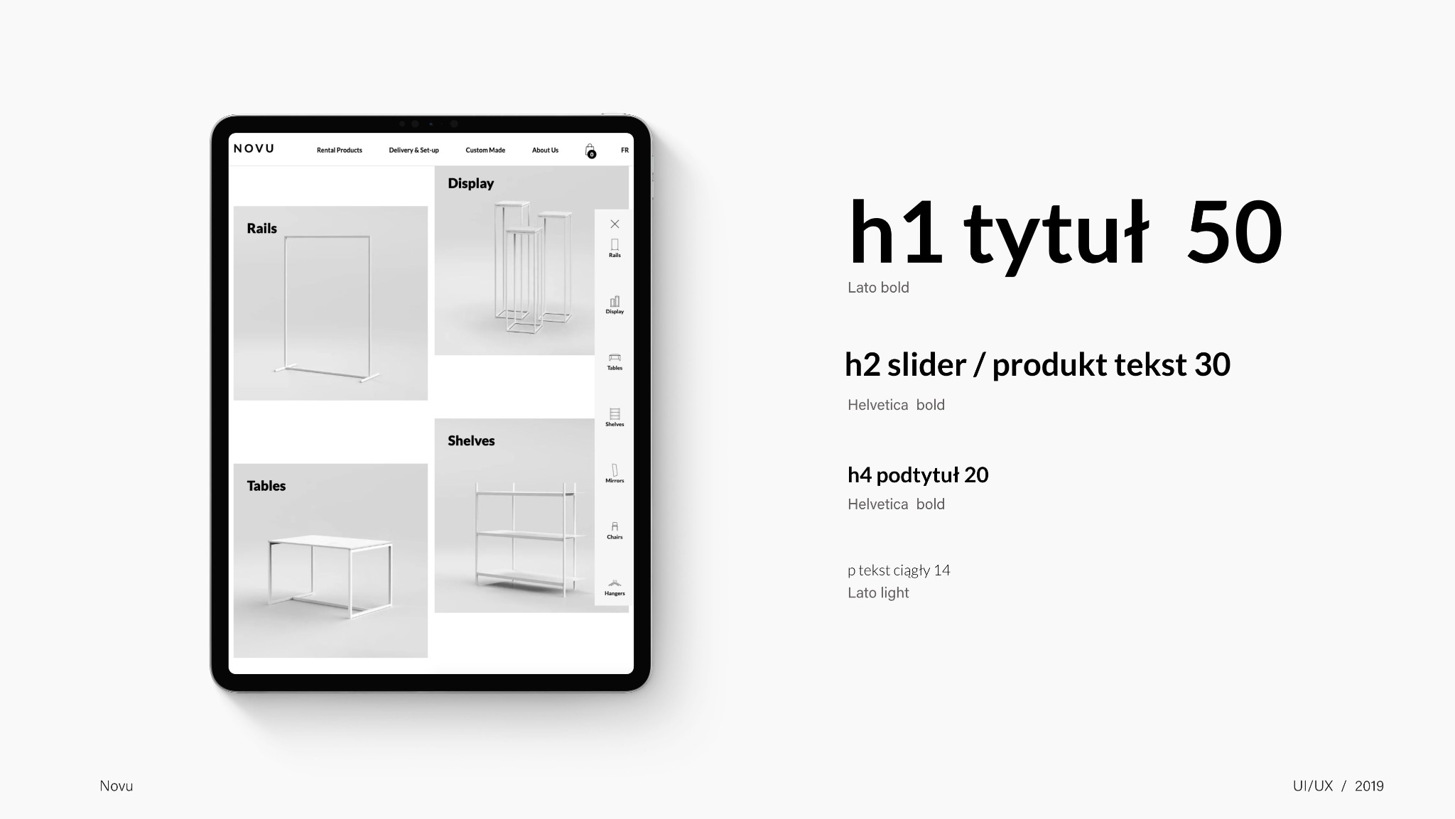 Ekran tabletu prezentuje interfejs sklepu internetowego Novu z minimalistycznym designem, oferującego meble i wyposażenie, z widocznymi sekcjami: Rails, Display, Tables, Shelves.