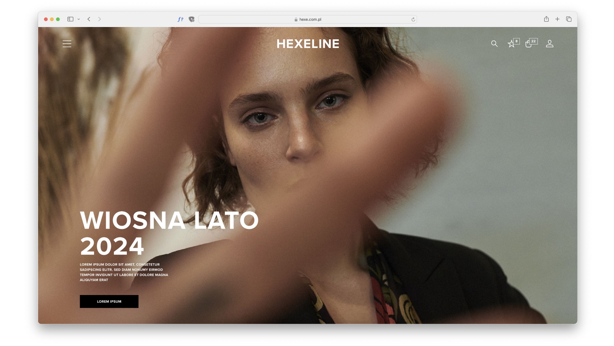 Strona internetowa marki odzieżowej Hexeline z wizerunkiem modelki, hasłem 'Wiosna Lato 2024' i abstrakcyjnym, rozmytym pierwszym planem.