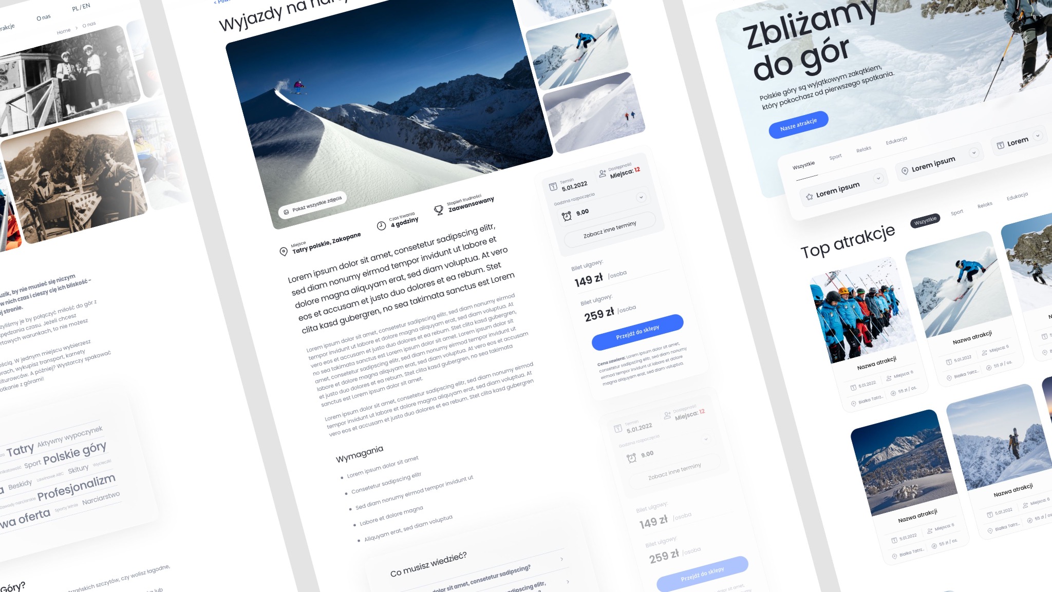 Projekt strony internetowej z ofertą wyjazdów w góry. Widoczne sekcje z atrakcjami, cenami i terminami. Użyto nowoczesnej typografii i stonowanej kolorystyki.