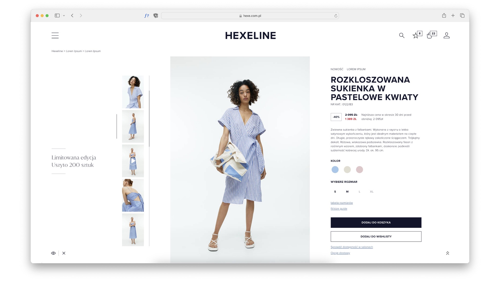 Strona sklepu online z sukienką w paski na modelce. Grafika w estetyce minimalistycznej. Prezentacja e-commerce w Krakowie, skupiona na detalu produktu.