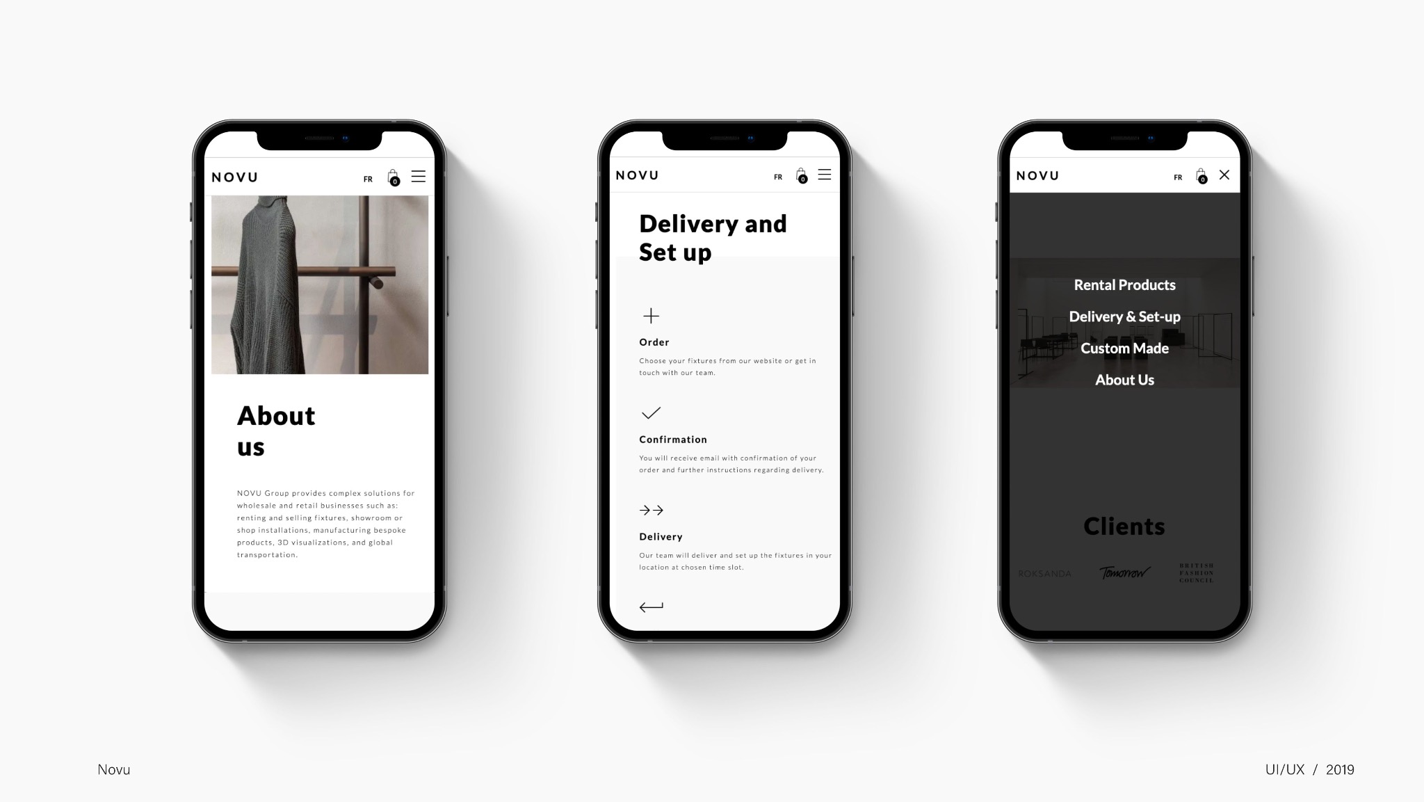 Trzy ekrany smartfonów prezentujące interfejs strony internetowej NOVO: 'O nas', 'Dostawa i montaż', menu z opcjami 'Produkty do wynajęcia' i 'O nas'.