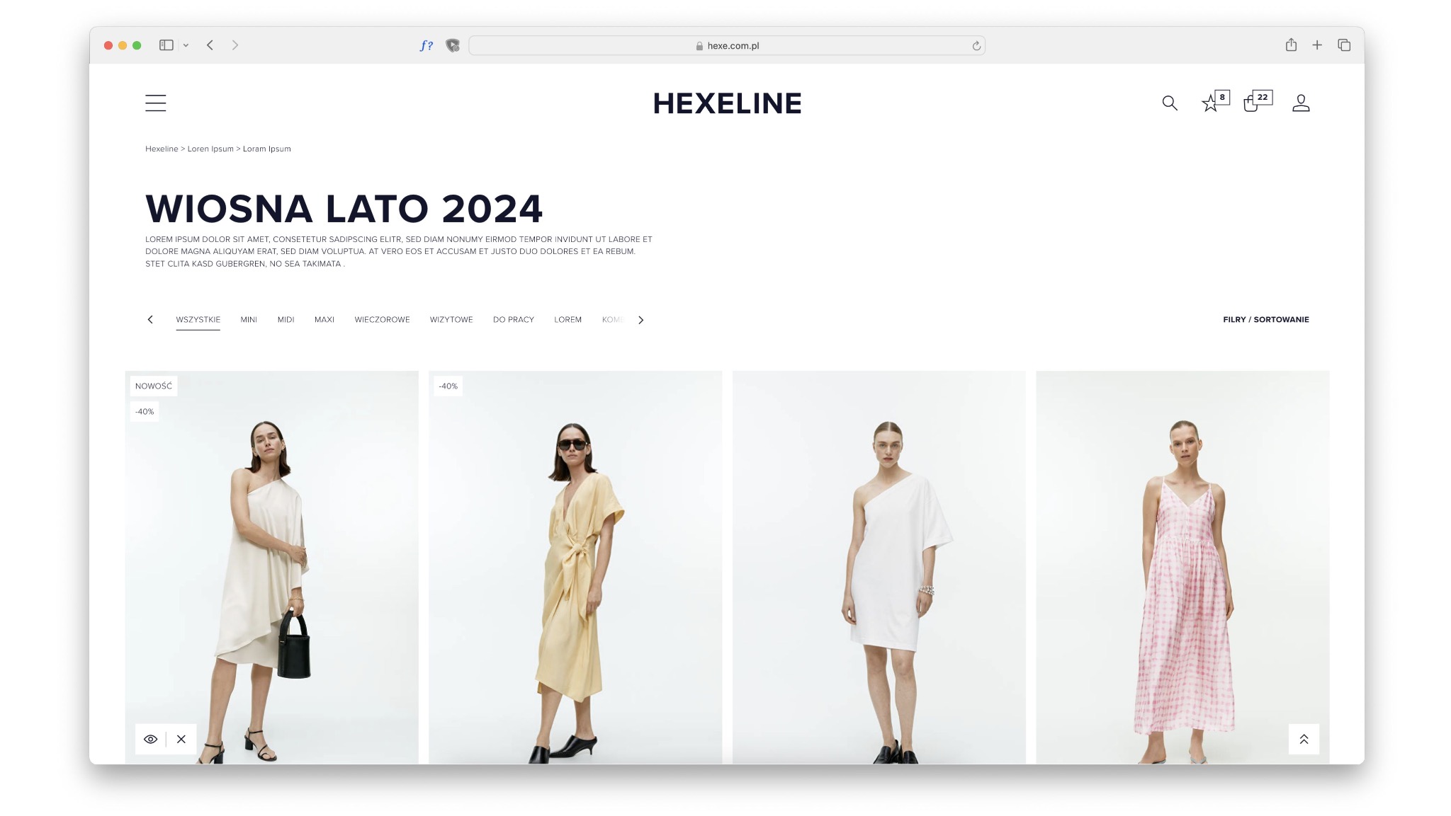 Strona internetowa sklepu Hexeline z kolekcją Wiosna Lato 2024. Modelki prezentują sukienki z rabatem -40%. Widoczne filtry i sortowanie.