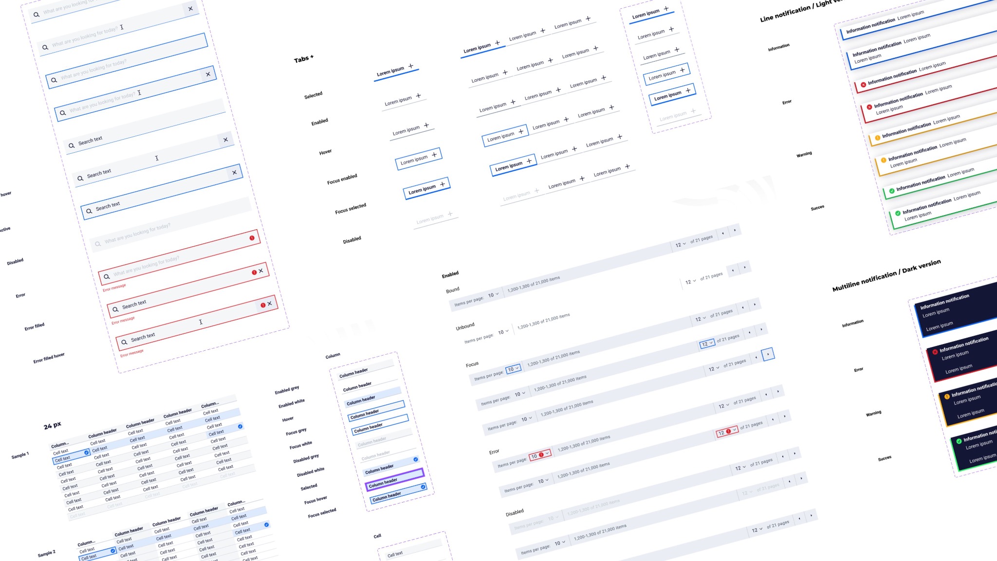 Zestawienie interfejsów UI: pola wyszukiwania w różnych stanach (aktywny, błąd), zakładki, paginacja i powiadomienia (jasne/ciemne), prezentacja elementów interaktywnych.