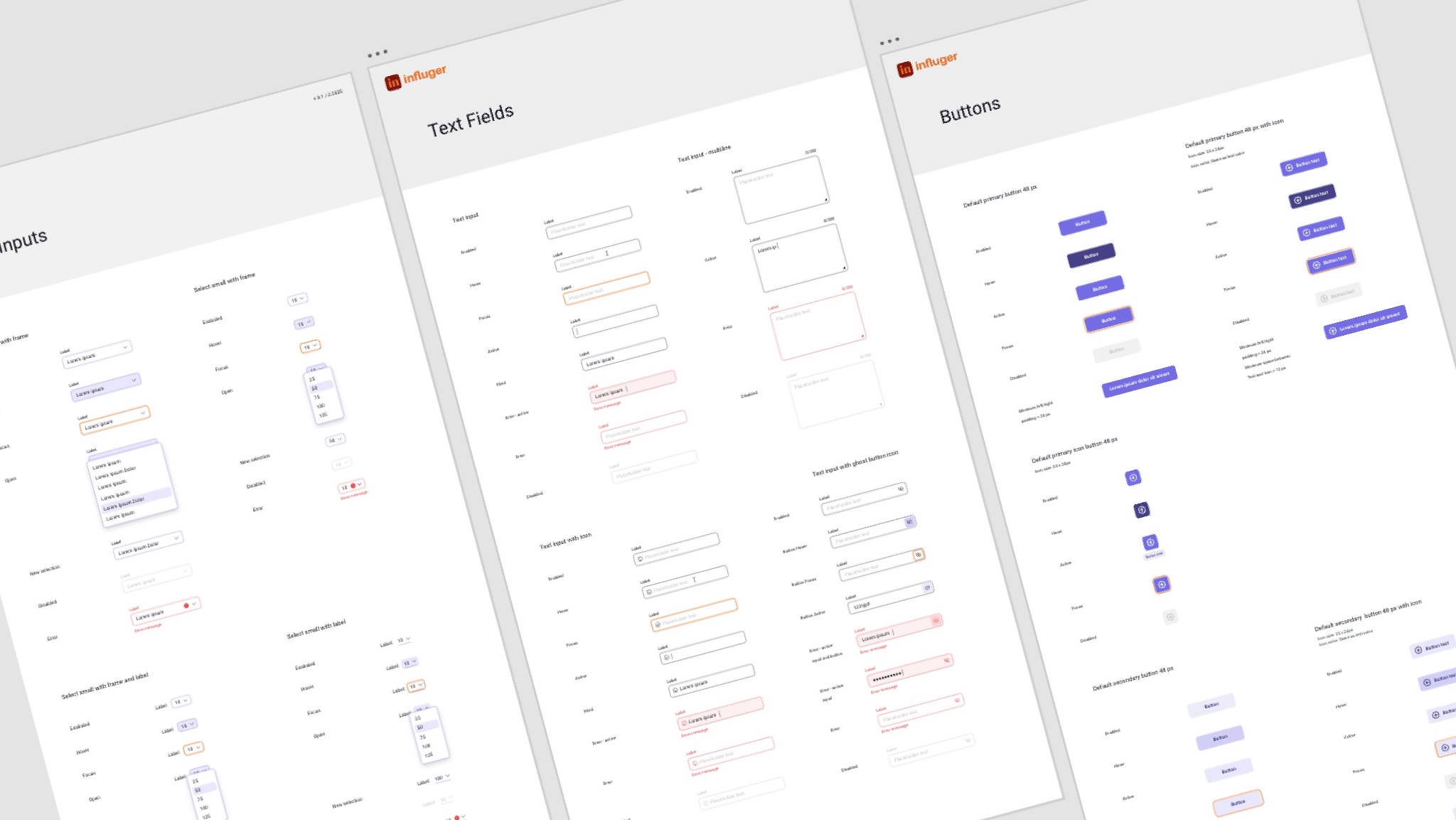 Szczegółowy widok interfejsu użytkownika z polami tekstowymi, przyciskami i listami rozwijanymi, prezentujący projekt UI/UX w odcieniach bieli i fioletu. Widoczne logo firmy Influger.