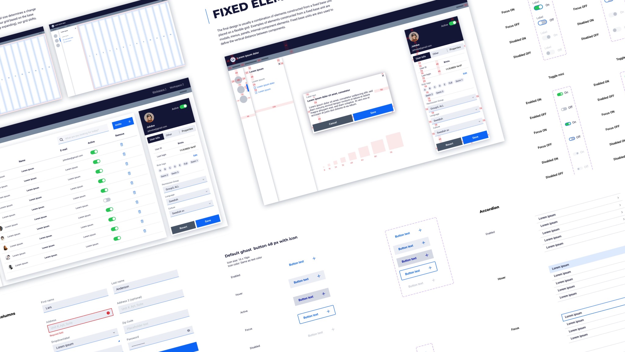 Projekt interfejsu użytkownika z różnymi elementami UI: formularze, przyciski, przełączniki i akordeon, prezentowany na białym tle z widocznymi wymiarami i notatkami.