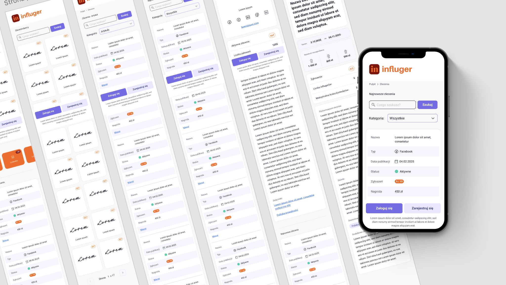 Ekran smartfona prezentuje interfejs aplikacji Influger z listą zleceń, filtrowanych po kategorii i dacie publikacji, z detalami zlecenia i przyciskami akcji.