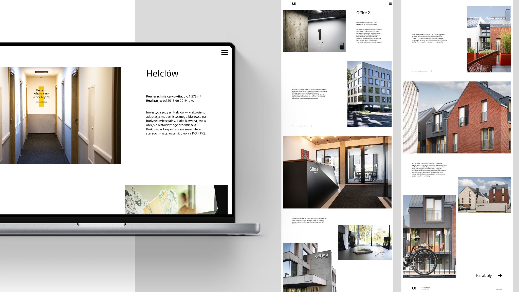 Prezentacja strony internetowej na laptopie, ukazująca wizualizacje biurowca i wnętrz w Krakowie. Tekst informuje o adaptacji modernistycznego biurowca na budynek mieszkalny.