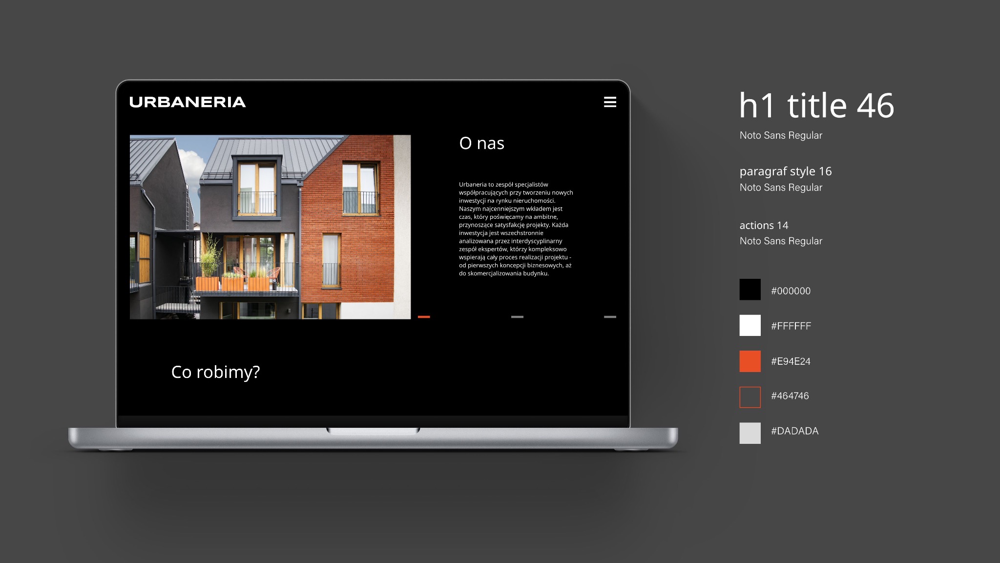Prezentacja strony internetowej Urbaneria na laptopie. Strona zawiera zdjęcie budynków mieszkalnych i tekst 'O nas' oraz 'Co robimy?'.