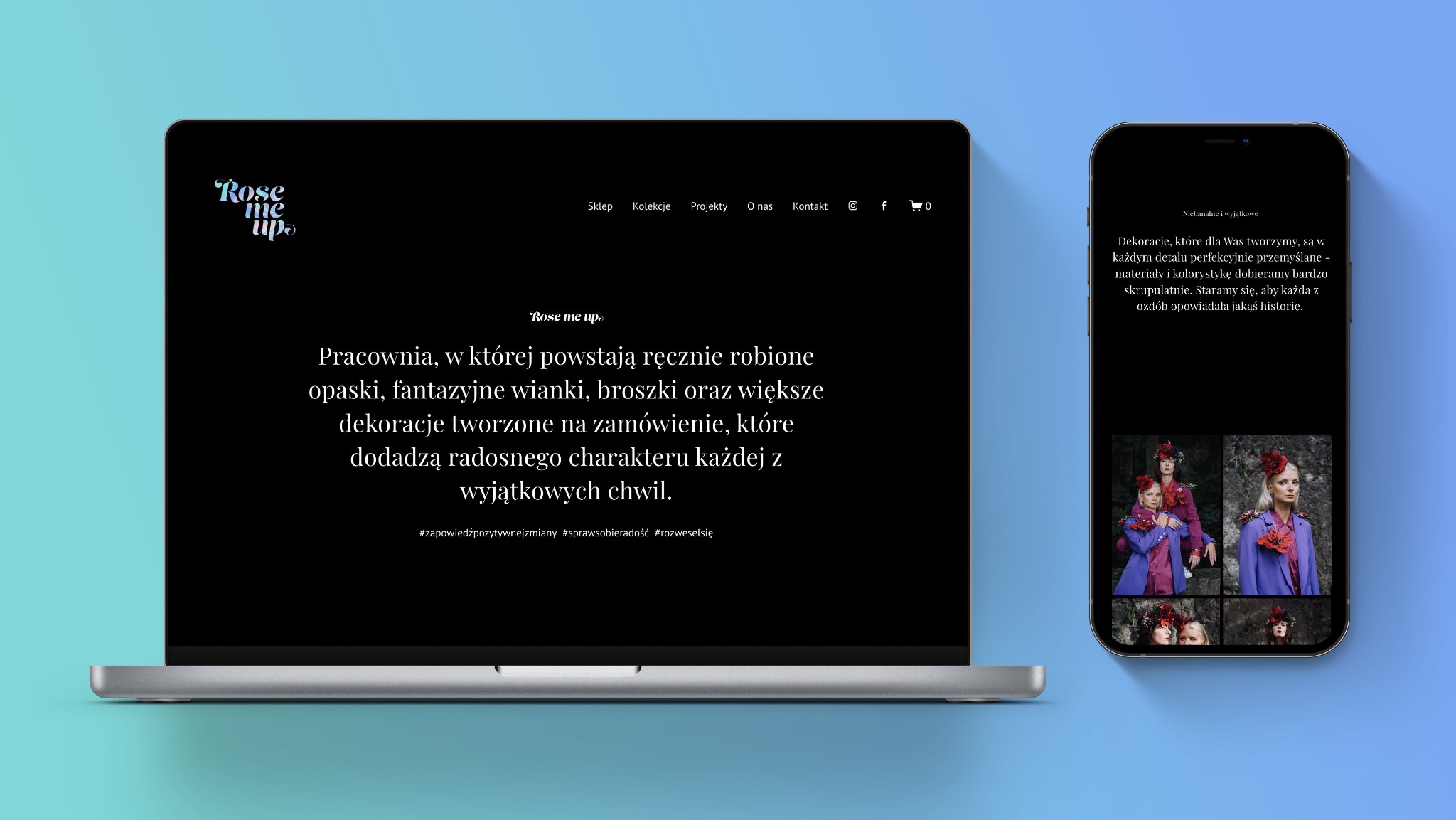Prezentacja strony www i aplikacji mobilnej z ręcznie robionymi ozdobami: wianki, broszki i opaski. Minimalistyczny design, elegancka typografia, zdjęcia dekoracji.