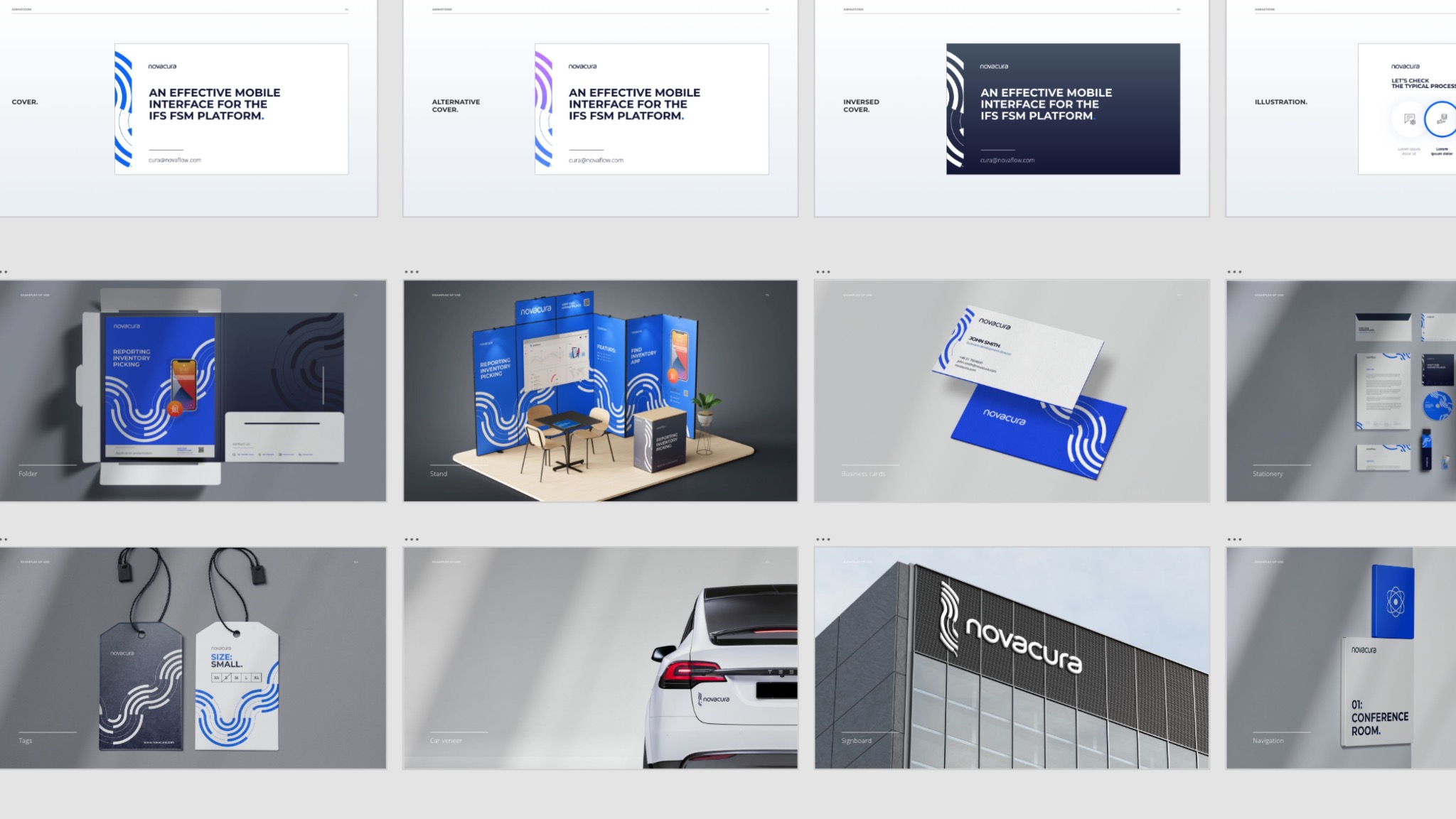 Kolaż prezentujący elementy identyfikacji wizualnej marki Novacura: okładki, folder, stoisko, wizytówki, artykuły piśmiennicze, zawieszki, naklejka na auto, szyld i tabliczka.