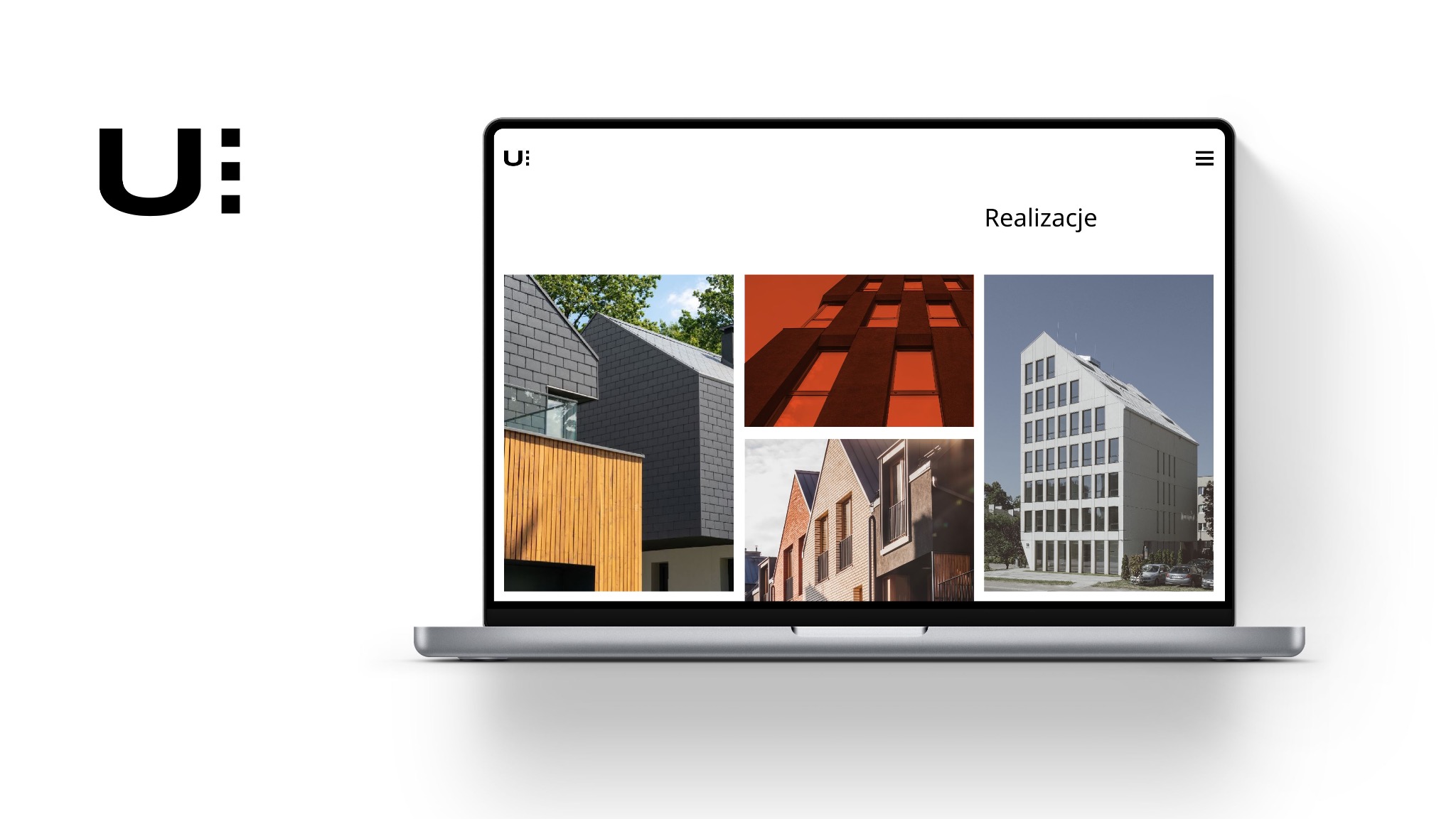 Ekran laptopa prezentuje stronę z portfolio architektonicznym. Widoczne realizacje budynków w różnorodnych stylach architektonicznych. Minimalistyczny design strony.