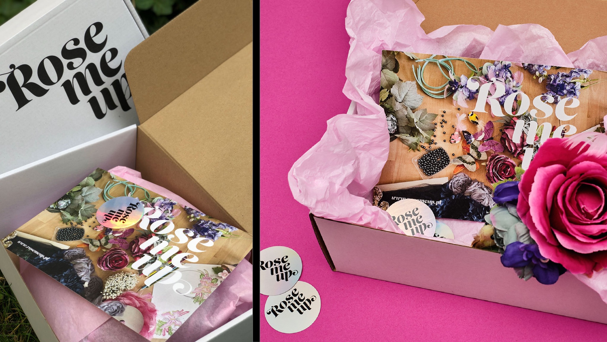Dwa pudełka z identycznym zestawem do tworzenia ozdób florystycznych, z logo 'Rose me up', na różowym i białym tle. Widoczne kwiaty, koraliki i elementy do rękodzieła.