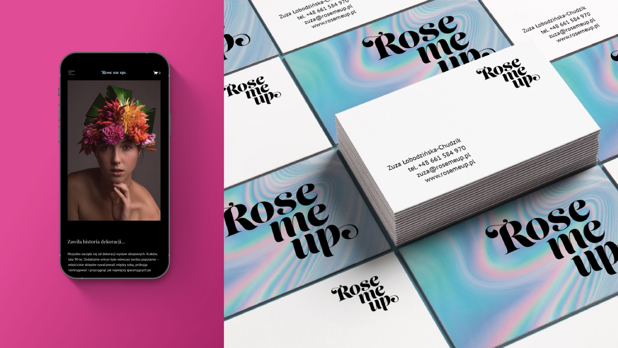 Wizytówki 'Rose me up' z gradientowym tłem, ułożone obok smartfona prezentującego stronę internetową z portretem kobiety w kwiatowym nakryciu głowy.