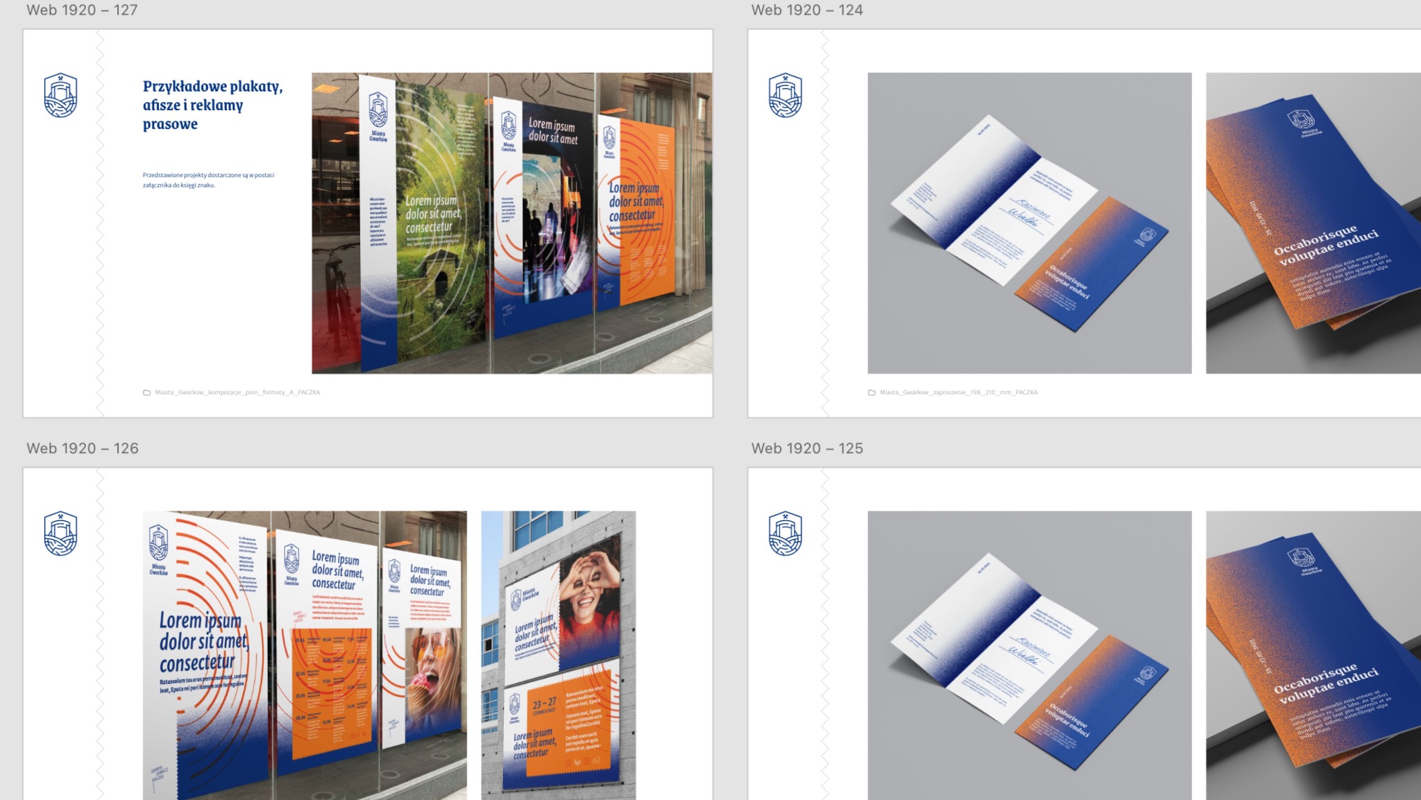 Przykładowe plakaty i afisze reklamowe w witrynie sklepowej, prezentujące identyfikację wizualną miasta. Grafika w kolorach niebieskim i pomarańczowym z logo miasta.